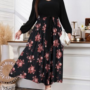 پیراهن مجلسی یقه گرد آستین بلند دامن کلوش با کمربند سایز بزرگ