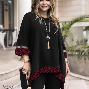 تونیک مجلسی یقه گرد آستین سه ربع دامن هلالی سایز بزرگ