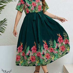 پیراهن مجلسی یقه گرد آستین کوتاه با کمربند سایز بزرگ