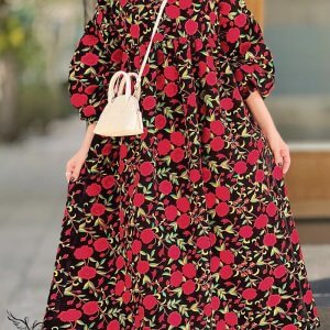 پیراهن مجلسی یقه گرد آستین سه ربع دامن کلوش سایز بزرگ