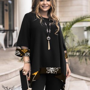تونیک مجلسی یقه گرد آستین سه ربع دامن هلالی سایز بزرگ