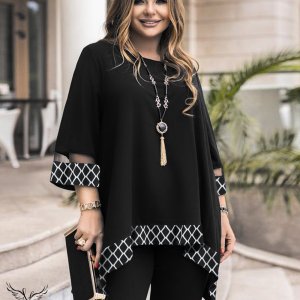 تونیک مجلسی یقه گرد آستین سه ربع دامن هلالی سایز بزرگ