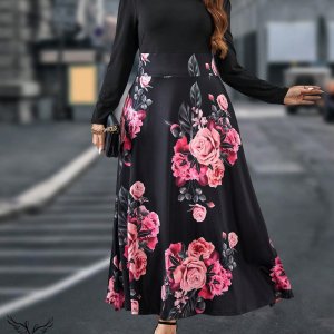 پیراهن مجلسی یقه گرد آستین بلند دامن کلوش سایز بزرگ