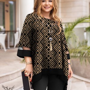 تونیک مجلسی یقه گرد آستین سه ربع دامن هلالی سایز بزرگ