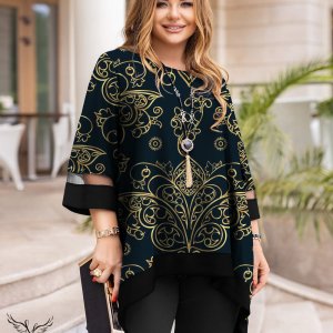 تونیک مجلسی یقه گرد آستین سه ربع دامن هلالی سایز بزرگ