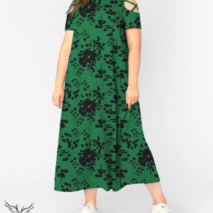 پیراهن ماکسی یقه گرد آستین کوتاه پنجره ای سایز بزرگ