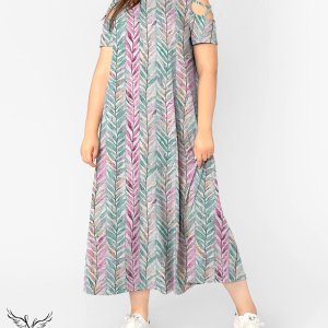 پیراهن ماکسی یقه گرد آستین کوتاه پنجره ای سایز بزرگ
