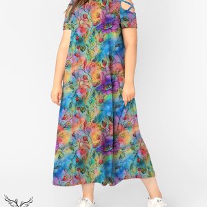 پیراهن ماکسی یقه گرد آستین کوتاه پنجره ای سایز بزرگ