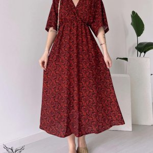 پیراهن مجلسی یقه ضربدری آستین کیمونو کمر کشی دامن چاکدار سایز بزرگ