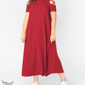 پیراهن ماکسی یقه گرد آستین کوتاه پنجره ای سایز بزرگ