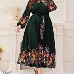 پیراهن مجلسی یقه گرد آستین بلند کمر کشی با کمربند سایز بزرگ