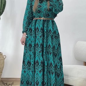 پیراهن مجلسی یقه گرد آستین بلند کمر کشی بدون کمربند سایز بزرگ