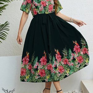 پیراهن مجلسی یقه ضربدری آستین کیمونو کمر کشی دامن چاکدار سایز بزرگ