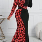 پیراهن مجلسی یقه گرد آستین بلند با کمربند سایز بزرگ