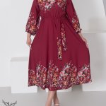 پیراهن مجلسی یقه گرد آستین بلند کمر کشی با کمربند سایز بزرگ