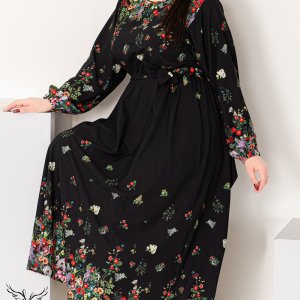 پیراهن مجلسی یقه گرد آستین بلند کمر کشی با کمربند سایز بزرگ
