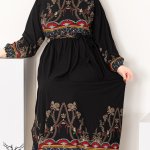 پیراهن مجلسی یقه گرد آستین بلند کمر کشی با کمربند سایز بزرگ