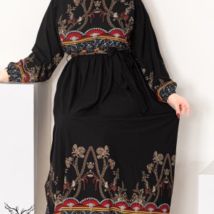پیراهن مجلسی یقه گرد آستین بلند کمر کشی با کمربند سایز بزرگ