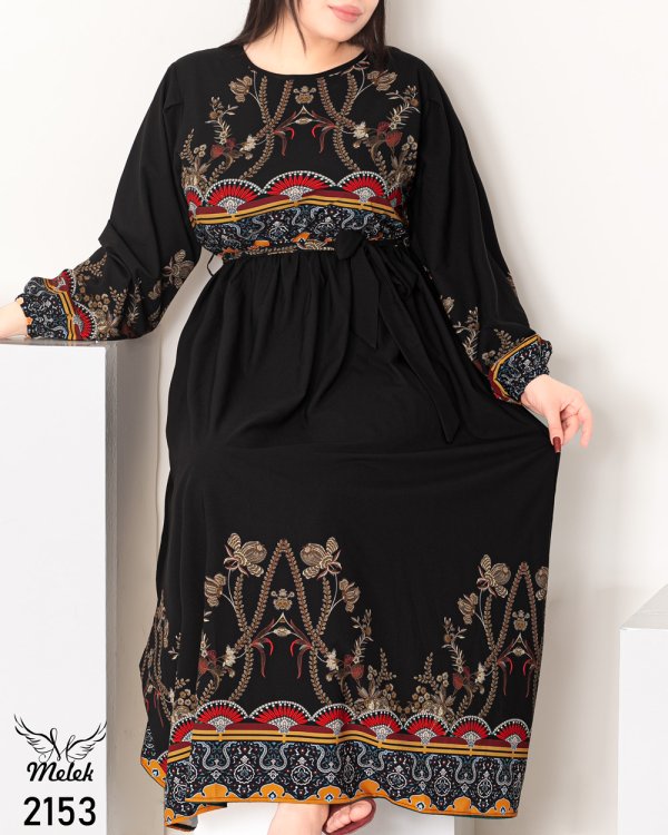پیراهن مجلسی یقه گرد آستین بلند کمر کشی با کمربند سایز بزرگ