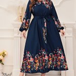 پیراهن خاص و مجلسی یقه گرد آستین بلند کمر کشی با کمربند سایز بزرگ