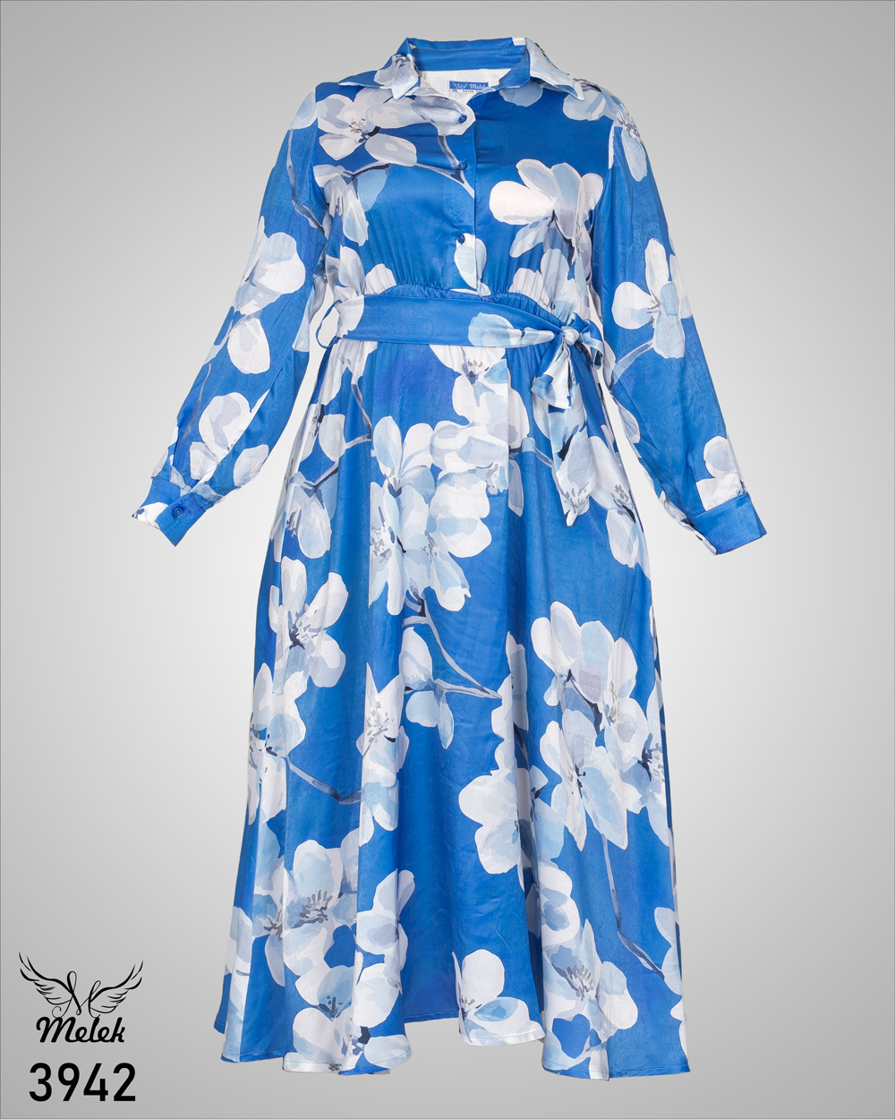 پیراهن مانتویی مجلسی یقه دکمه بازشو آستین بلند کمر کشی با کمربند سایز بزرگ - غیر ژورنالی