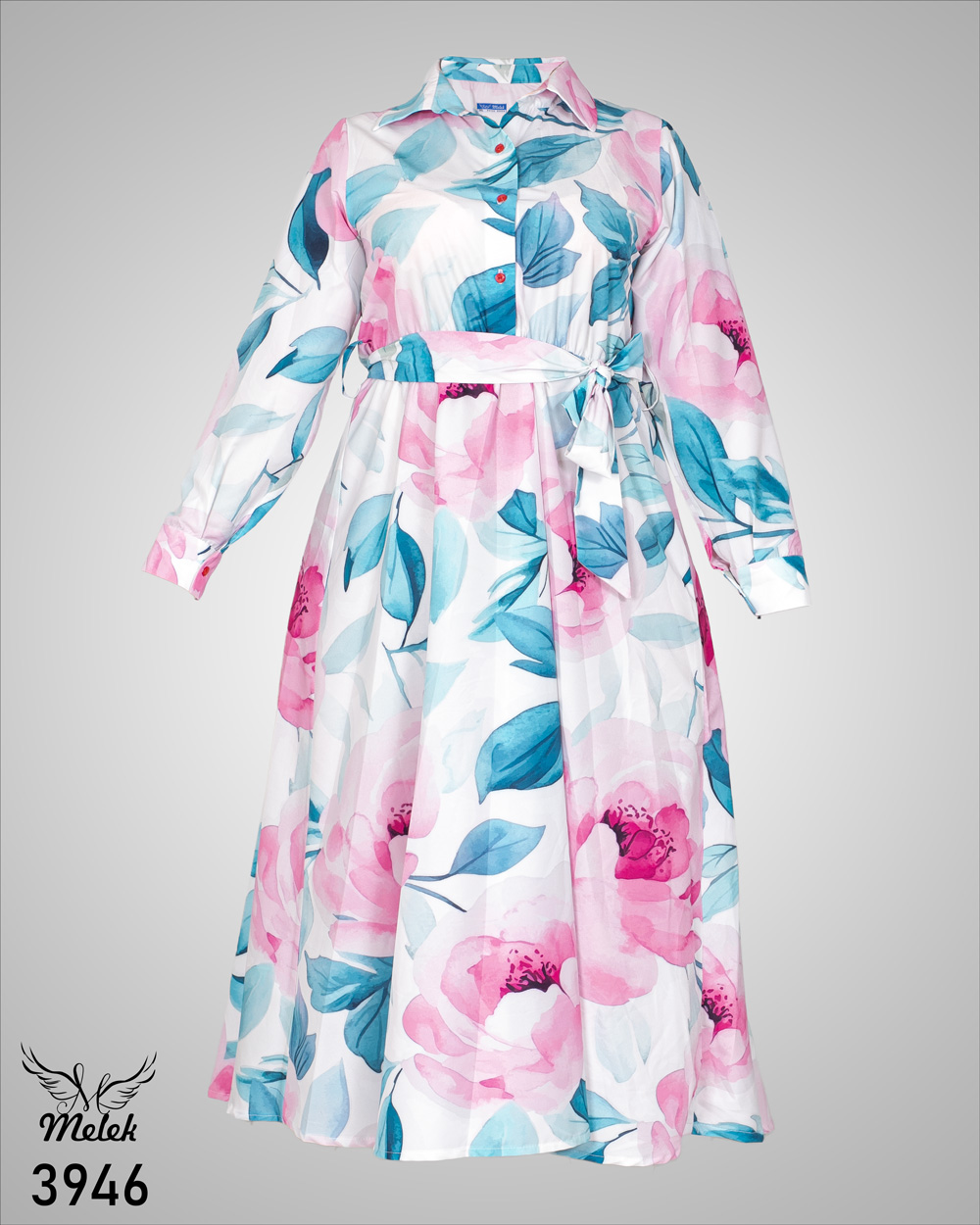 پیراهن مانتویی مجلسی یقه دکمه بازشو آستین بلند کمر کشی با کمربند سایز بزرگ - غیر ژورنالی