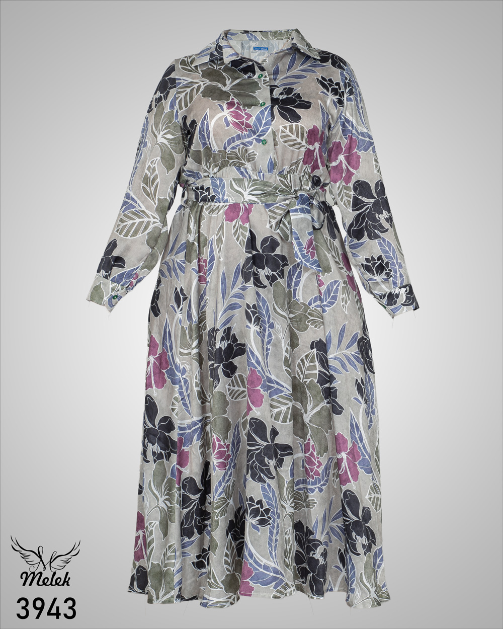 پیراهن مانتویی مجلسی یقه دکمه بازشو آستین بلند کمر کشی با کمربند سایز بزرگ - غیر ژورنالی