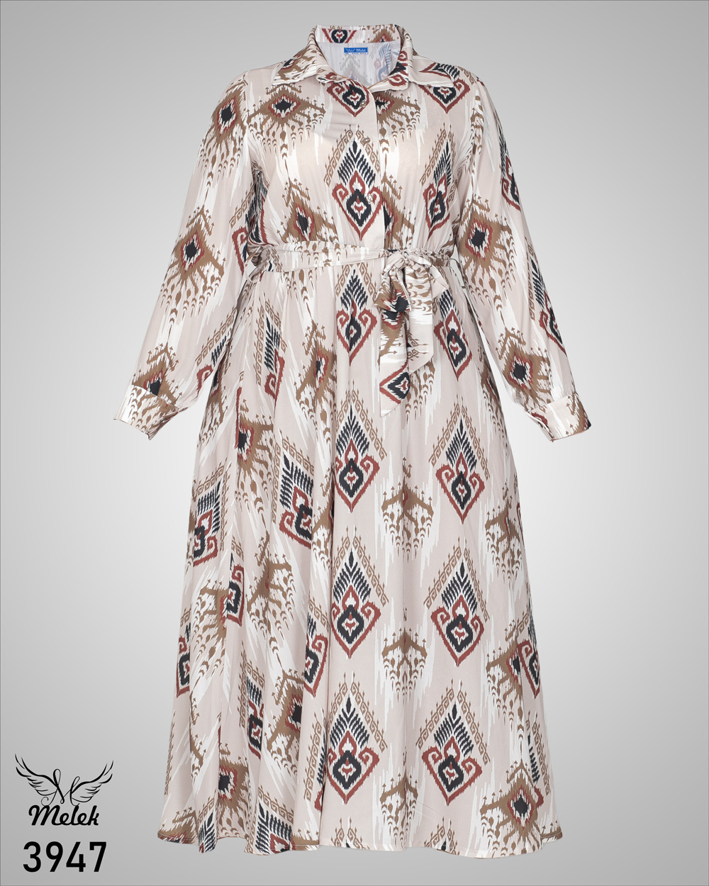 پیراهن مانتویی مجلسی یقه دکمه بازشو آستین بلند کمر کشی با کمربند سایز بزرگ - غیر ژورنالی