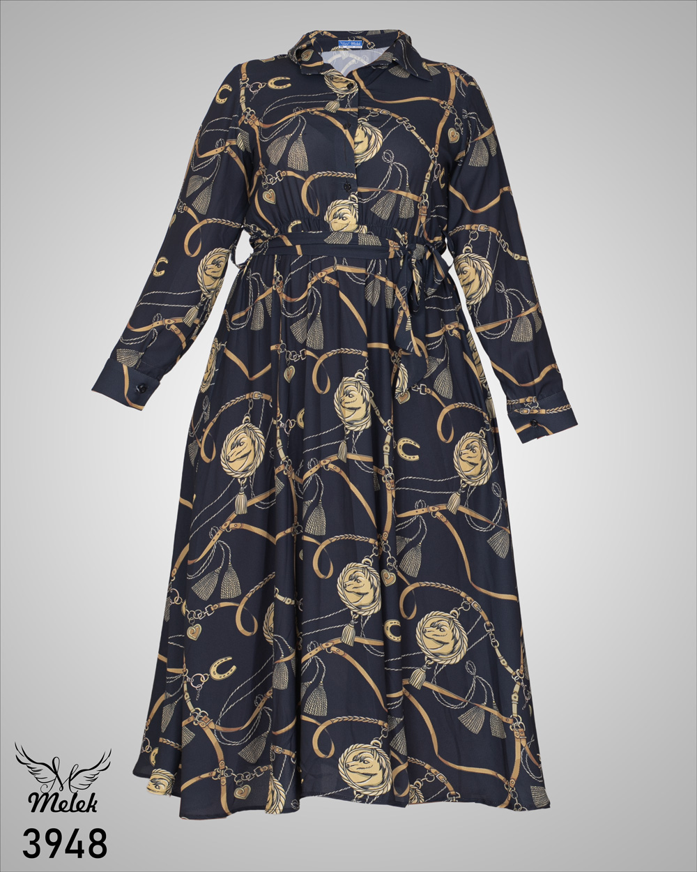 پیراهن مانتویی مجلسی یقه دکمه بازشو آستین بلند کمر کشی با کمربند سایز بزرگ - غیر ژورنالی