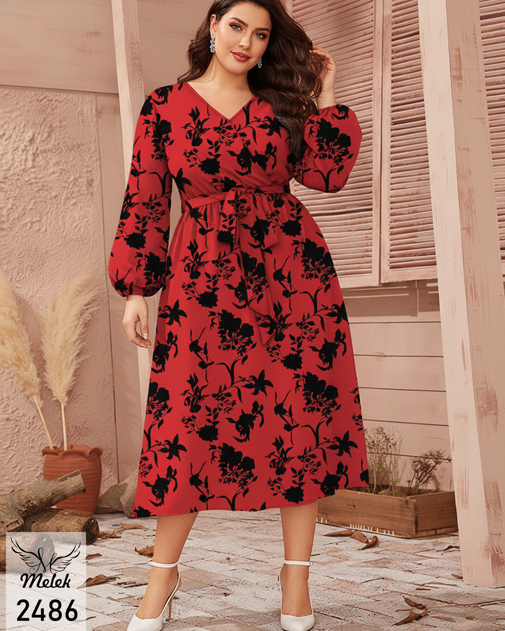 پیراهن مجلسی یقه ضربدری آستین فانوسی با کمربند سایز بزرگ - غیر ژورنالی