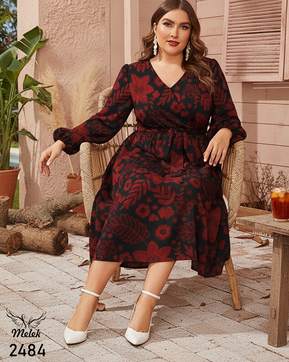 پیراهن مجلسی یقه ضربدری آستین فانوسی با کمربند سایز بزرگ - غیر ژورنالی