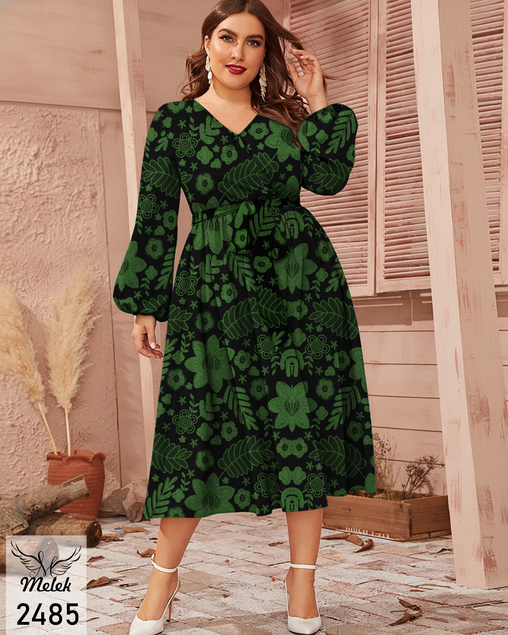 پیراهن مجلسی یقه ضربدری آستین فانوسی با کمربند سایز بزرگ - غیر ژورنالی