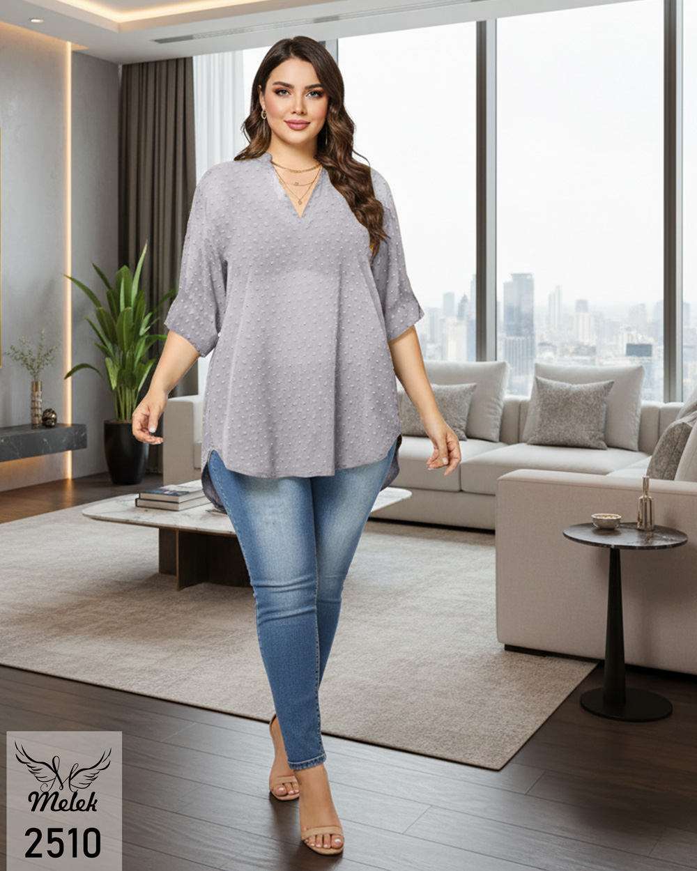 تونیک مجلسی یقه ایستاده آستین سه ربع (بدن نما) سایز بزرگ