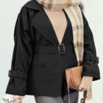 بارانی اسپورت مجلسی یقه انگلیسی آستین بلند جلوباز با کمربند سایز بزرگ